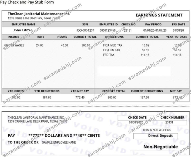 USA THE CLEAN Janitorial Mainenance Inc pay stub in Word and PDF formats